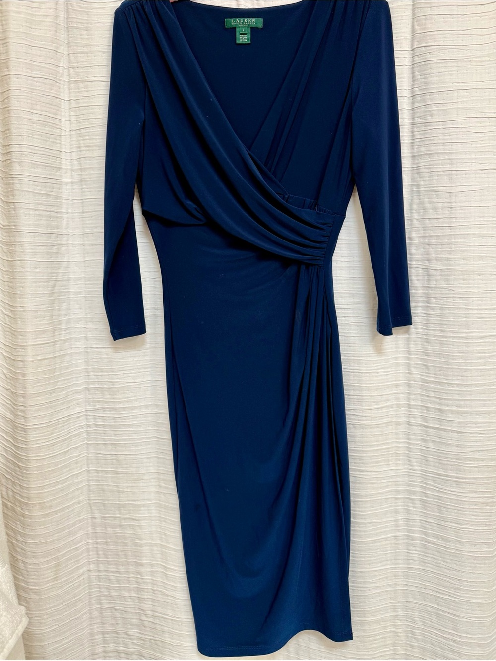 Ralph Lauren Navy Draped Wrap-Front Long Sleeve Midi Dress